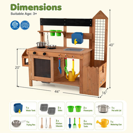 Costzon Solid Wood Toddler Play Kitchen w/Detachable Bird Cage | Outdoor Mud Kitchen for Kids