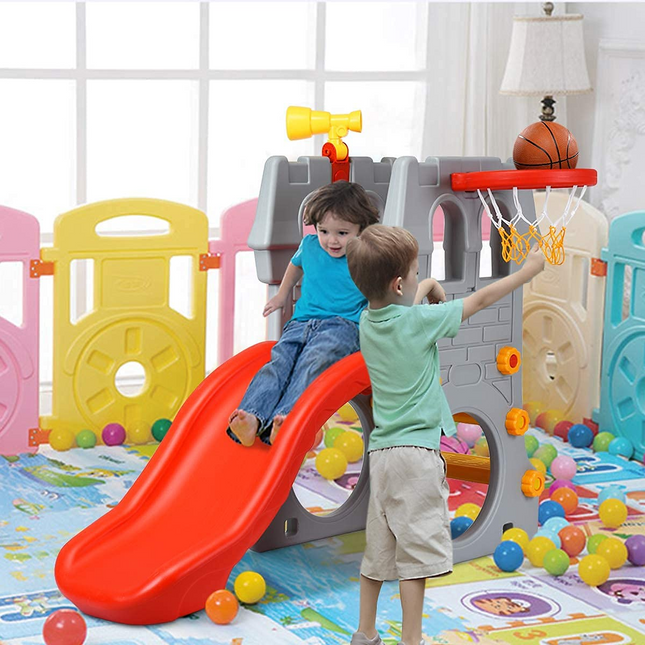 Costzon Toddler Slide Playground Climber Set, 5 in 1 Slide for Kids with Basketball Hoop, Kids Large Slide Playset Gift for Both Indoor Outdoor Use