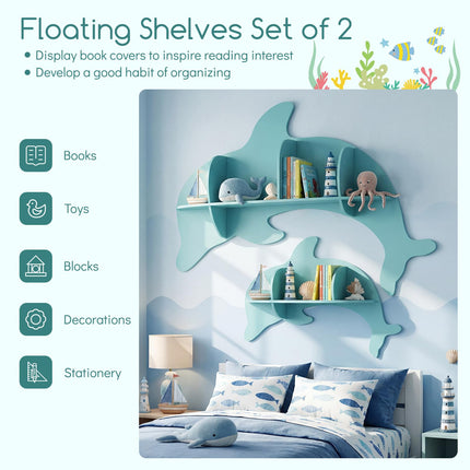Costzon 2 Pieces Floating Dolphin Shelves | Space Saving Wall Shelves for Kid's Room