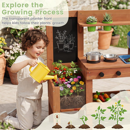 Costzon Mud Kitchen | Solid Wood Toddler Role Play Toy w/Planter Box