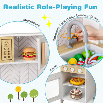 Costzon Kids Kitchen Playset, Wooden Pretend Play Kitchen with Lights and Sounds