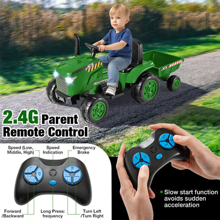 Costzon 2-in-1 Ride On Tractor, 12V Kids Ride on Car w/Detachable Trailer, Remote Control, Tractor Toys for Kids 3-8