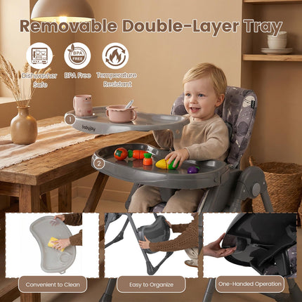 Portable Highchairs for Babied and Toddlers Double Removable Tray Built-in Wheels