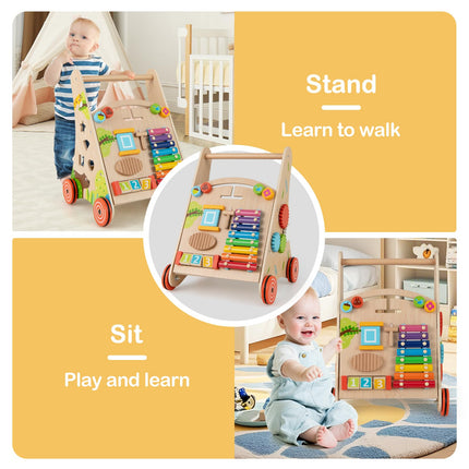 BABY JOY Wooden Baby Walker Push and Pull Sit to Stand Learning Activity Center