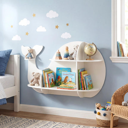 Costzon Wooden Whale-Shaped Wall Shelf | Floating Bookshelf with 6 Open Shelves