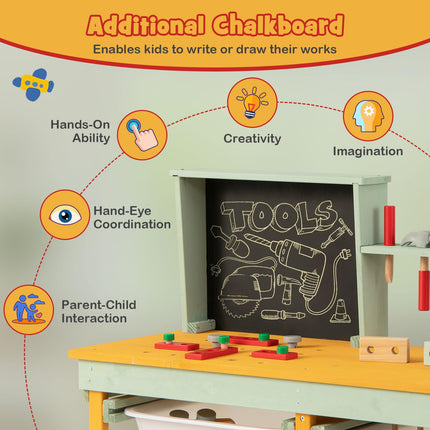 Costzon Tool Bench for Kids, Wooden Pretend Workbench with Toy Tools and Accessories, Realistic Role Play Construction Building Tool Set
