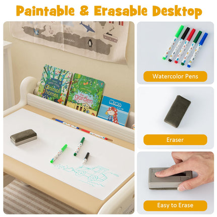 Costzon Kids Table and Chair Set, Plastic Activity Table with Watercolor Pens, Blackboard Eraser & Storage Shelf