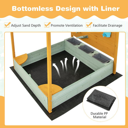 Costzon Kids Sandbox with Sand Wall, Wooden Sandpit w/Removable Canopy, Water Bucket