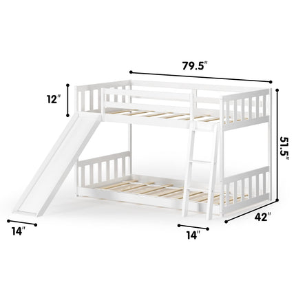 Costzon Twin Over Twin Bunk Bed Wooden Low Bunk Bed with Slide & Ladder