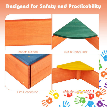 Costzon Kids Wooden Sandbox Wood Cedar Square Sand Box with 4 Colorful Built-in Corner Seating
