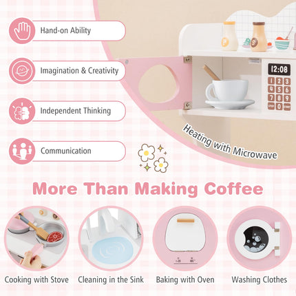 Costzon Play Kitchen, Wooden Toy Kitchen Set with Coffee Maker Playset