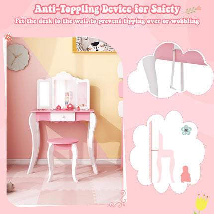 Costzon Kids Vanity Table and Chair Set, Girls Vanity Set with Mirror and Stool, Storage Drawer