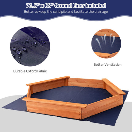 Costzon Wooden Sandbox with Seat Boards, Oxford Cover,Ground Liner, 73" x 64" Hexagon