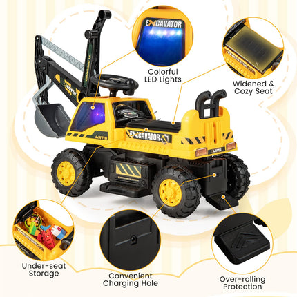 Costzon Ride on Excavator, 6V Battery Powered Digger with Under Seat Storage, Music, LED Lights