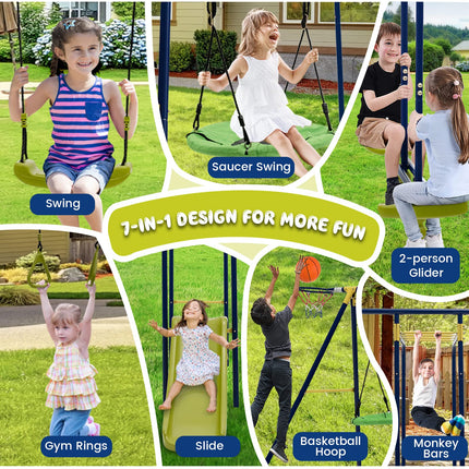 Costzon 660 lbs Swing Sets for Backyard 7-in-1 Heavy Duty Extra Large Metal Swing Frame w/2 Swings