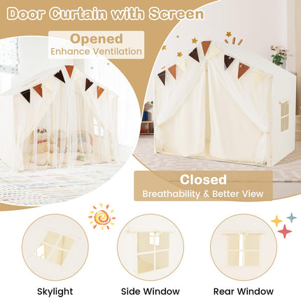 Costzon Kids Tent, Large Toddler Play Tent w/Fabric Screen Curtains, Star Lights, Plaid Pennants, 57.5" x 38" x 52.5"