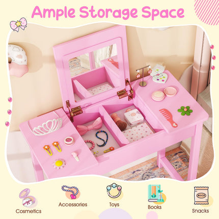 Costzon Kids Vanity, 2 in 1 Girls Vanity Set with Flip Top Mirror, Hidden Storage Space