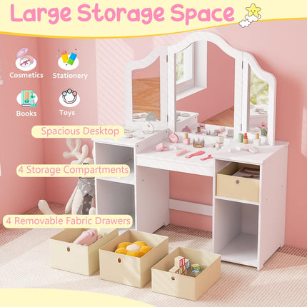 Costzon Kids Vanity, 2 in 1 Princess Makeup Desk & Chair Set with Tri-Folding Mirror, 4 Storage Bins