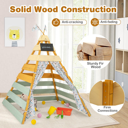 Costzon Kids Tent, Wooden Indoor Outdoor Triangle Hideaway Playhouse with Machine Washable Flags