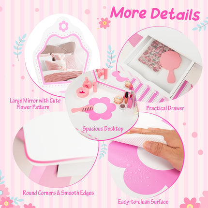 Costzon Kids Vanity, Girls Vanity Set with Mirror and Stool