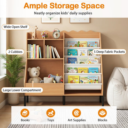 Costzon Montessori Toddler BookShelf | Toy Storage Organizer with w/ 5 Fabric Pockets