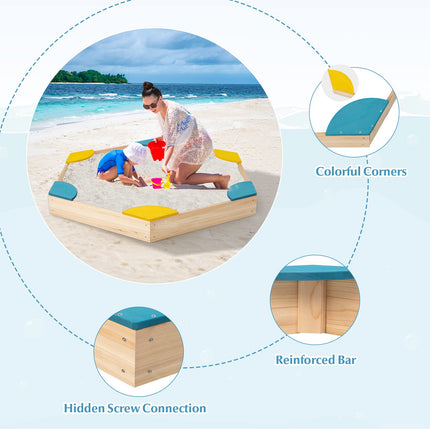 Costzon Kids Sandbox, Hexagon Large Cedar Wood Sand Pit w/ 6 Built-in Corner Seating