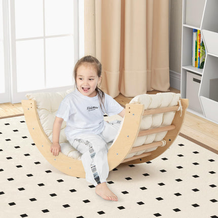 Costzon Kids Wooden Arch Rocker with Cushion, 6-in-1 Montessori Climbing Toys for Toddlers, Indoor Sensory Table