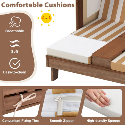 Costzon Kids Lounge Chair Outdoor, Wood Double Seat Chaise Lounge with Canopy, Cup Holders