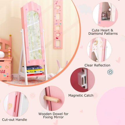 Costzon Kids Jewelry Armoire Cabinet, Standing Jewelry Organizer with Full-Length Mirror