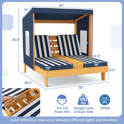 Costzon Kids Lounge Chair Outdoor, Wood Double Seat Chaise Lounge with Canopy
