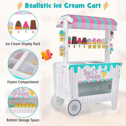 Costzon Wooden Ice Cream Cart for Kids, Pretend Play Food Trunk Toy w/ Display Rack