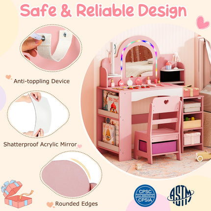 Costzon Wooden Kids Vanity Table and Chair Set with Lighted Mirror Bookshelf Jewelry Storage