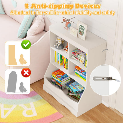 Costzon Toy Storage Organizer, 5-Cubby Kids Bookshelf with Footboard and Anti-Tipping Devices