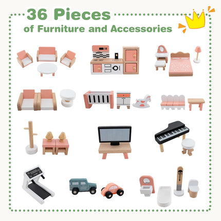 Costzon Wooden Dollhouse for Kids, 3-Story Luxury Doll House with 36 Pieces Furniture Accessories