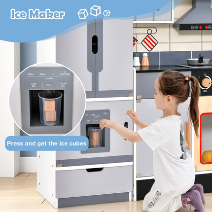 Costzon 2-Piece Play Kitchen, Wooden Toy Kitchen Set with Refrigerator