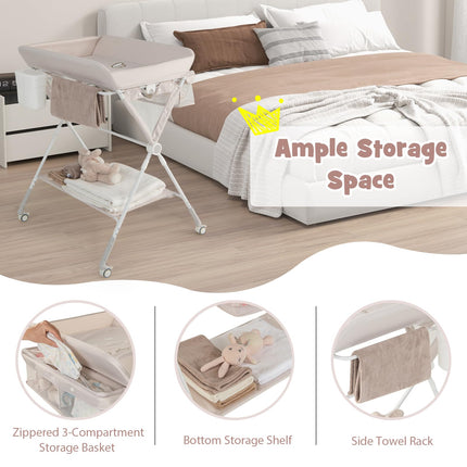 BABY JOY Portable Baby Changing Table, Foldable Diaper Changing Station with Wheels