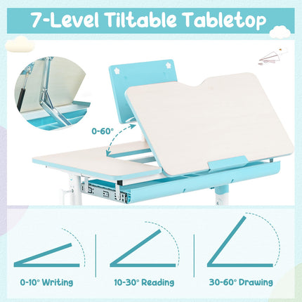Costzon Kids Desk and Chair Set, Height-Adjustable Student Study Desk with Tiltable Desktop, Book Stand