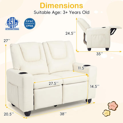 Costzon 2-Seater Kids Recliner 2 Cup Holders 2 Side Storage Pockets