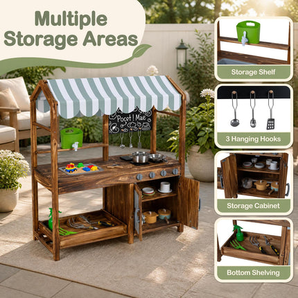 Costzon Wooden Kids Mud Kitchen with Canopy 2-Sided Chalkboard