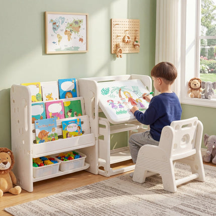 Costzon Toddler Table and Chair Set | Art Desk Set w/Side Bookshelves
