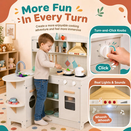 Costzon Wooden Play Kitchen for Kids w/Lights & Sounds | Interactive Pretend Kids Kitchen Playset