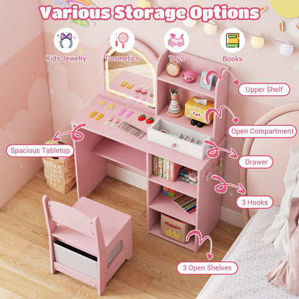 Costzon Wooden Kids Vanity Table and Chair Set with Mirror Hooks & Open Shelves