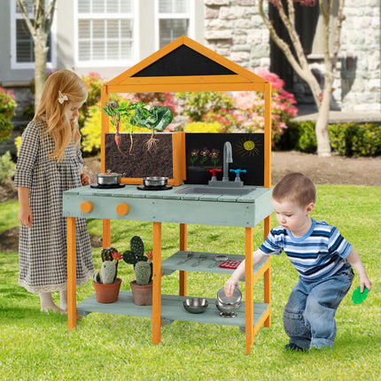 Costzon Mud Kitchen, Wooden Kids Kitchen Playset with See-Through Planter Box, Blackboard