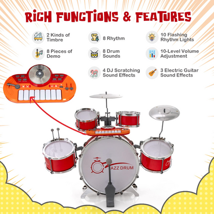 Costzon Kids Drum Keyboard Set with Stool & Microphone Stand, Jazz Drum Set with Cymbal