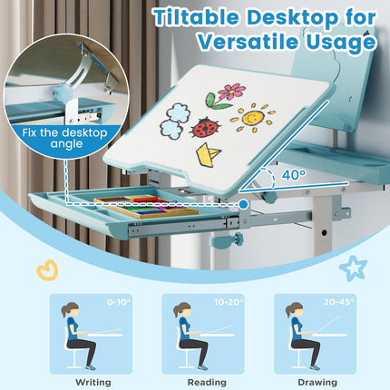 Costzon Kids Height-Adjustable Children Study Desk Set with Tilt Desktop & Book Stand