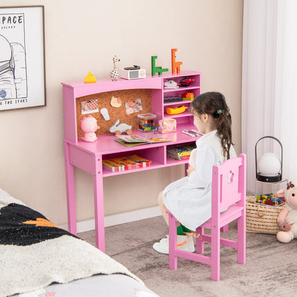 Costzon Kids Desk and Chair Set, Student Study Table with Chair, Hutch, Cork Bulletin Board, Storage Shelves
