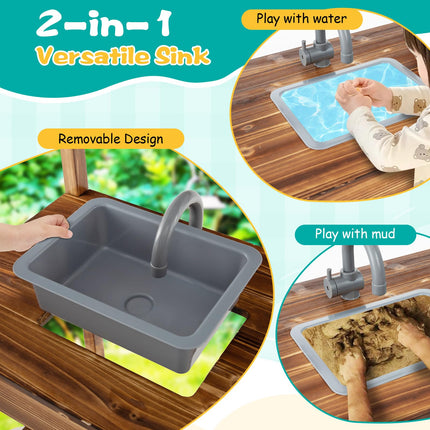Costzon Mud Kitchen, Outdoor Play Kitchen with Canopy, Wooden Kids Kitchen Playset, Mud Kitchen for Kids Outdoor