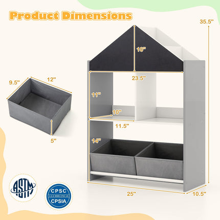 Costzon Kids Bookshelf, Wooden Dollhouse Bookcase with Blackboard, Whiteboard