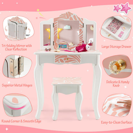 Costzon Kids Vanity Table and Chair Set, Girls Vanity Set with Mirror and Stool, Pretend Play Vanity Set for Little Girls