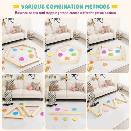 Costzon Montessori Wooden Balance Beam Step Stones, 12-pcs Kids Gymnastics Obstacle Course Balance Board Playset